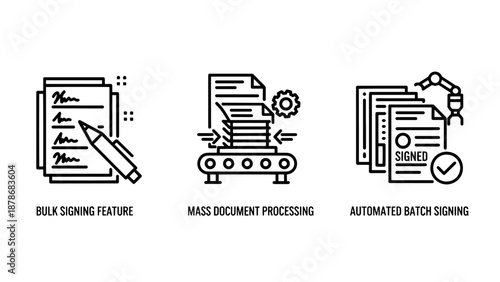 Automated Document Processing and Batch Digital Signing Icons for Business Workflow Automation