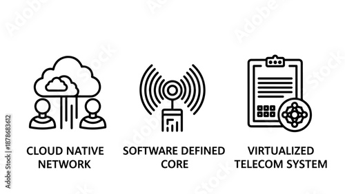Cloud Native Network and Virtualized Telecom System Icons for Enterprise IT Infrastructure