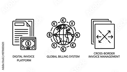 Digital Invoice Platform and Global Billing System Icons for International Fintech Solutions
