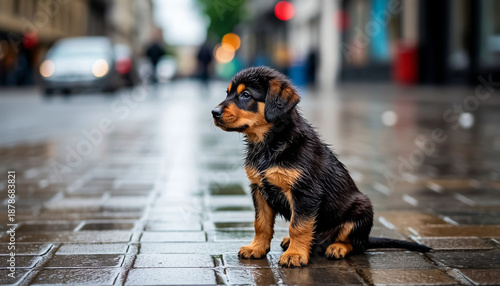 Abandoned Wet Dog on Wet City Pavement Emotional Rescue and Hope Concept
