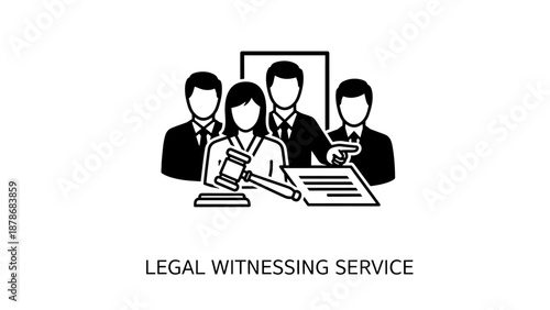 Legal witnessing service illustration with professional attorneys in court with gavel and documents
