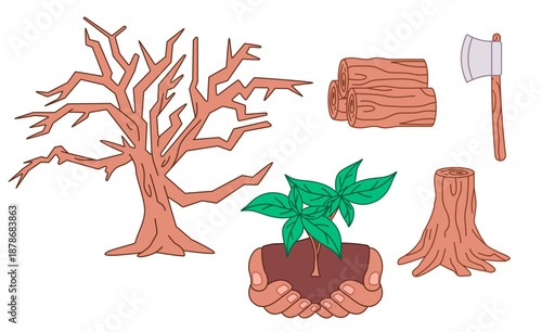 collection of environmental icon deforestation reforestation concept dead dry tree pile of wood logs stump hands holding sapling plant ecology nature conservation vector illustration