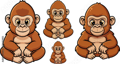 Collection of cute cartoon baby gorilla sitting poses showcasing various adorable expressions on white background