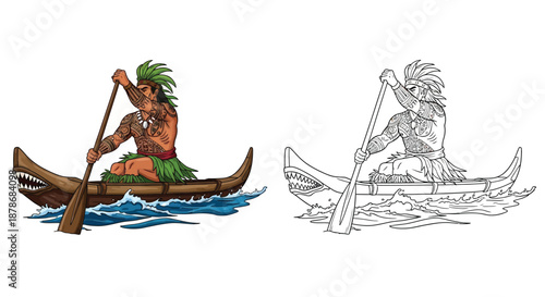 Tattooed Polynesian Warrior Paddling Traditional Outrigger Canoe Through Ocean Waves