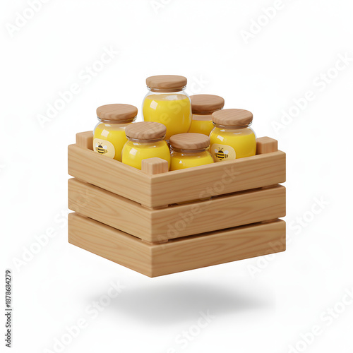 Honey jars in a wooden crate