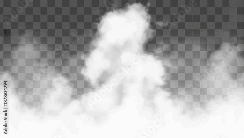 A billowing cloud of white smoke rises and disperses against a transparent gray background creating a dramatic effect