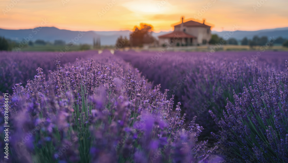 Obraz premium Lavender field at sunset with farmhouse in distance, warm sky and peaceful atmosphere