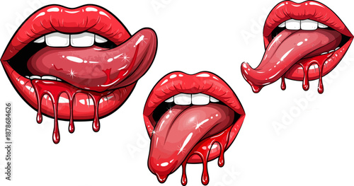 Three stylized illustrations of bright red glossy lips aggressively sticking out tongues dripping with thick liquid on white background