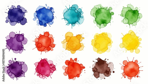 An artistic arrangement showcasing vibrant watercolor splashes in a spectrum of colors beautifully isolated on a clean white backdrop