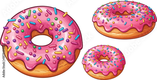 Three delicious ring shaped pastries covered with bright pink icing and colorful sprinkles on white background