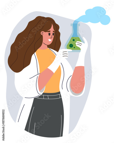 Woman scientist in lab. Young lady looking at Erlenmeyer Flask. Search, research concept. Female character finding, checking, analysing, studying. Vector illustration. 