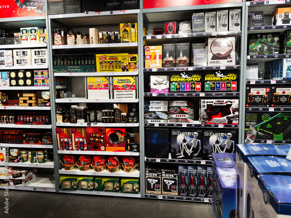 Naklejka premium Retail shelf display of toys and games in Manchester UK store