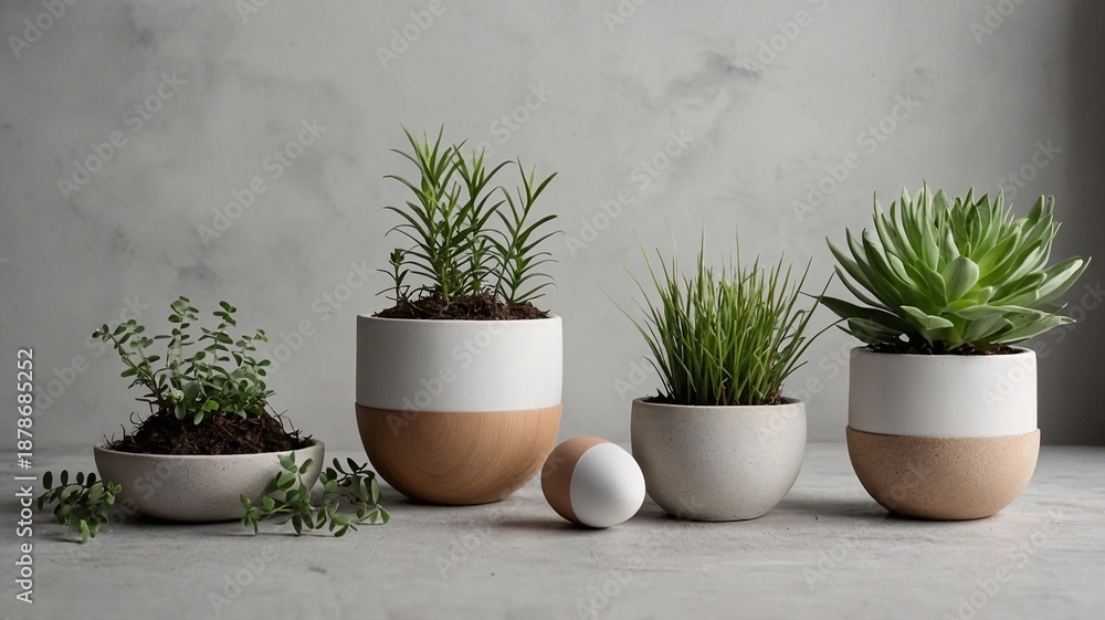 Fototapeta premium A serene collection of indoor plants in stylish pots, featuring vibrant greens and earthy tones.
