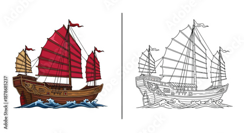 Traditional Chinese Junk Ship Comparison with Full Color and Detailed Line Drawing Sets
