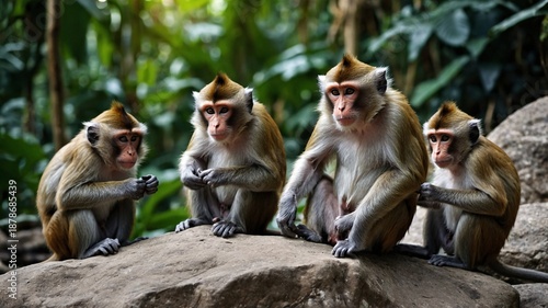 Four monkeys sitting on a rock, displaying curiosity and playfulness in a lush green environment.