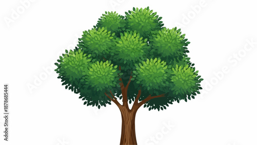 A vividly illustrated depiction of a lush green tree with a thick brown trunk stands prominently on a plain white