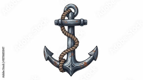 Detailed illustration of a weathered gray anchor with a twisted rope securely wrapped around its shaft isolated on white