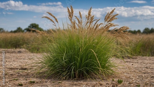 A vibrant clump of golden grass sways gently in the breeze under a blue sky, creating a serene natural scene.