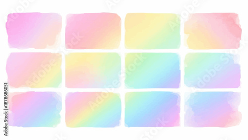 An arrangement of rectangular watercolor washes in pastel rainbow hues creating a vibrant and gentle visual aesthetic