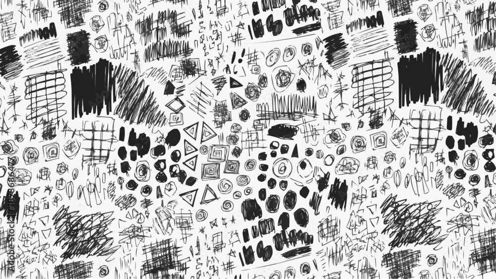 Obraz premium An abstract chaotic composition featuring a dense pattern of scribbles shapes and textured black markings on a white background