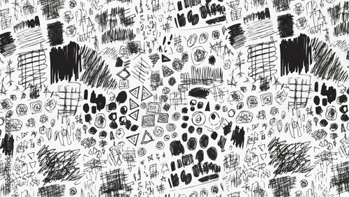 An abstract chaotic composition featuring a dense pattern of scribbles shapes and textured black markings on a white background