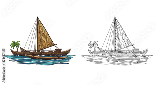 Tropical Island Scene Featuring Traditional Wooden Sailboats and Palm Trees on Calm Ocean Waters