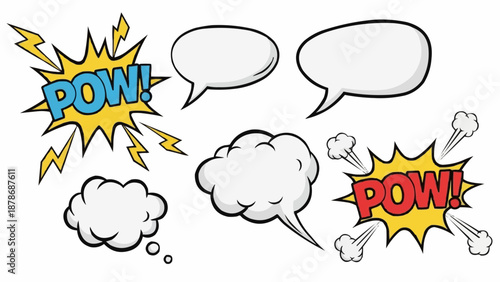 comic book style speech bubbles and pow effects on a white background for creative projects high quality