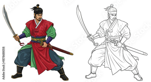 Traditional Japanese Samurai Warriors With Katana Swords in Color and Black and White Sketch Set