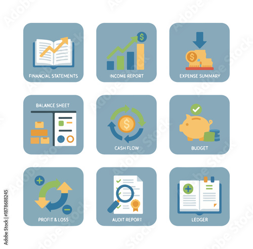 Financial icons representing business and finance concepts