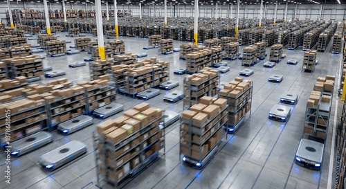 Wide aerial shot of a large automated warehouse facility featuring robotic automation technology autonomous mobile robots handling inventory shelves maximizing supply chain efficiency Perfect Any