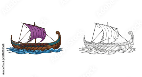 Viking Longship Coloring Activity Page With Finished Color Example and Black White Line Art
