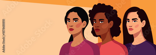 Horizontal vector banner with space for text for International Women's Day, March 8. Women of different cultures, skin colors, nationalities unite. Movements for gender equality, women's empowerment