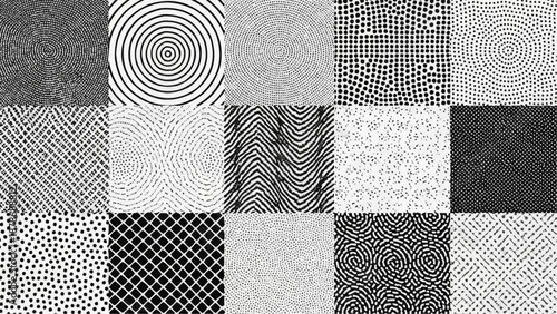 A collection of diverse black and white textured patterns showcasing swirling lines and speckled dot arrangements