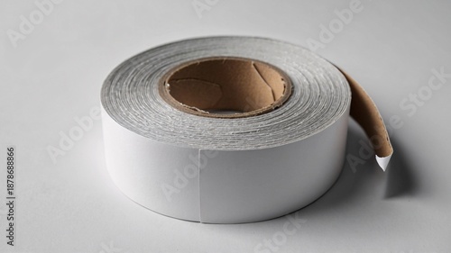 Close-up of a white adhesive tape roll on a clean surface, neutral colors enhancing its simplicity and functionality.