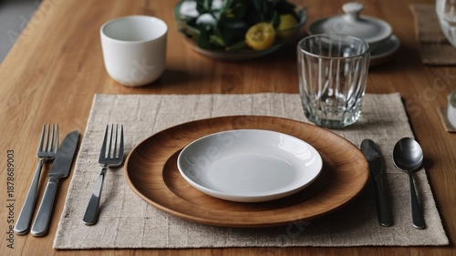 Elegant dining setting featuring a wooden plate, white dish, and glassware, creating a warm and inviting atmosphere.