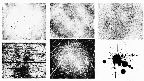 A collection of distressed textures and abstract black and white grunge elements displayed in a grid pattern
