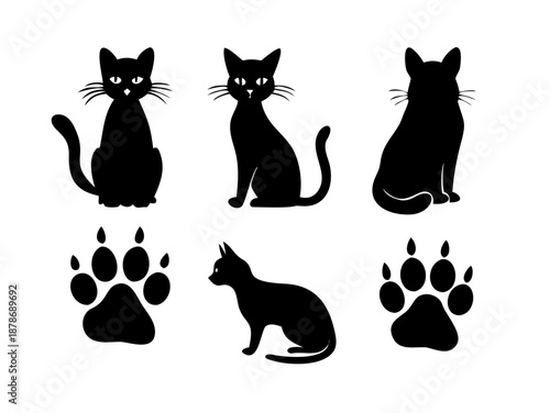 Domestic Pet Cat Icons Solid Black and White Set