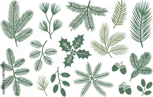 Christmas Greenery Outline Icon Set Pine, Fir, Spruce, and Cedar Branches