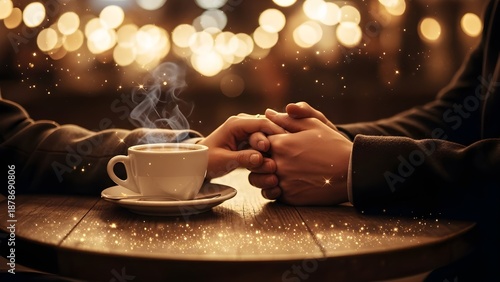 Two people holding hands across a table with a warm cup of coffee and twinkling lights.