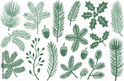 Christmas Greenery Outline Icon Set Pine, Fir, Spruce, and Cedar Branches
