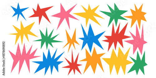 Sharp star bursts with irregular edges create dynamic starburst shapes perfect for abstract vector designs, bold graphics, and eye-catching geometric patterns with spiky points.