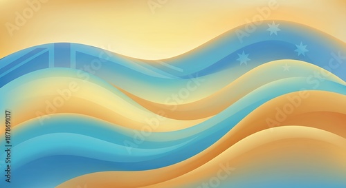 Abstract wavy background with blue and gold gradient colors featuring subtle Australian flag symbols like the Commonwealth Star and Union Jack modern flowing design Perfect Any Project.