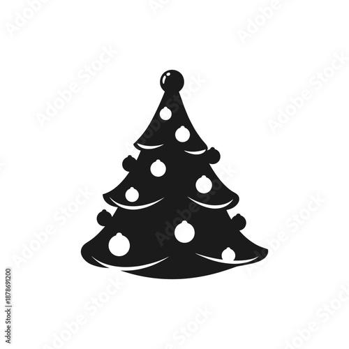 A simple black and white illustration of a decorated Christmas tree with ornaments, representing the festive holiday season and winter celebrations