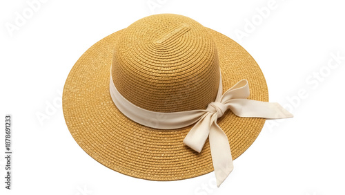 Photos Elegant straw sun hat with ribbon isolated PNG, summer fashion accessory for bea