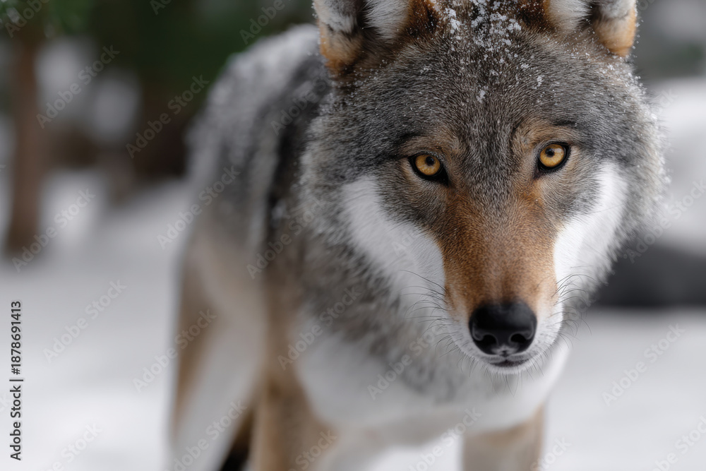 Obraz premium A magnificent wolf stands confidently in a snowy landscape, showcasing its wild beauty and captivating gaze, evoking a sense of majesty and wilderness.