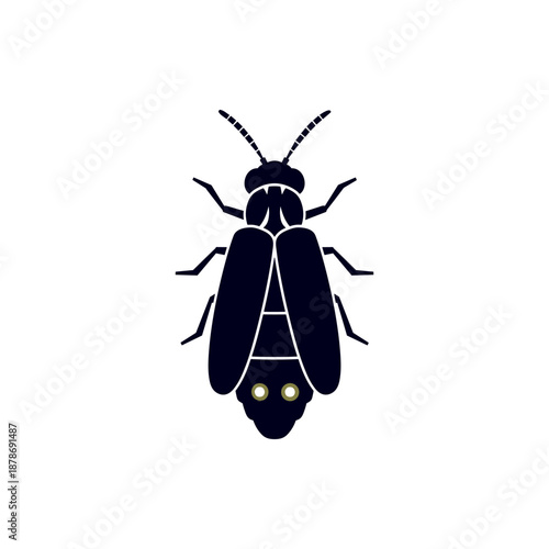 A minimalist black silhouette of a firefly with glowing yellow eyes, isolated on a white background, representing nature and insects