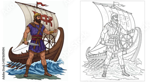 Norse Captain Steering Viking Ship Character Illustration in Color and Line Art Sketch