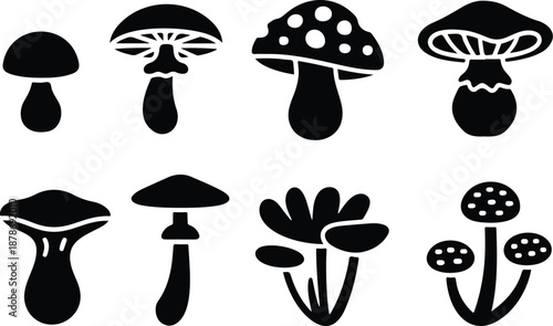 Cartoon Mushroom Silhouette Icon Set Forest and Nature Doodle Shapes