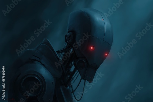 A dark mysterious robot with red glowing eyes