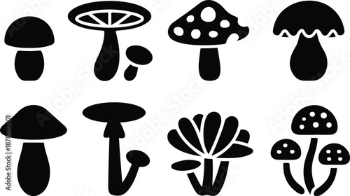 Cartoon Mushroom Silhouette Icon Set Forest and Nature Doodle Shapes